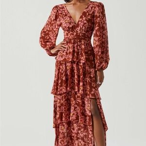 ASTR The Label Maroon Tiered Ruffled Long Sleeve Maxi Dress